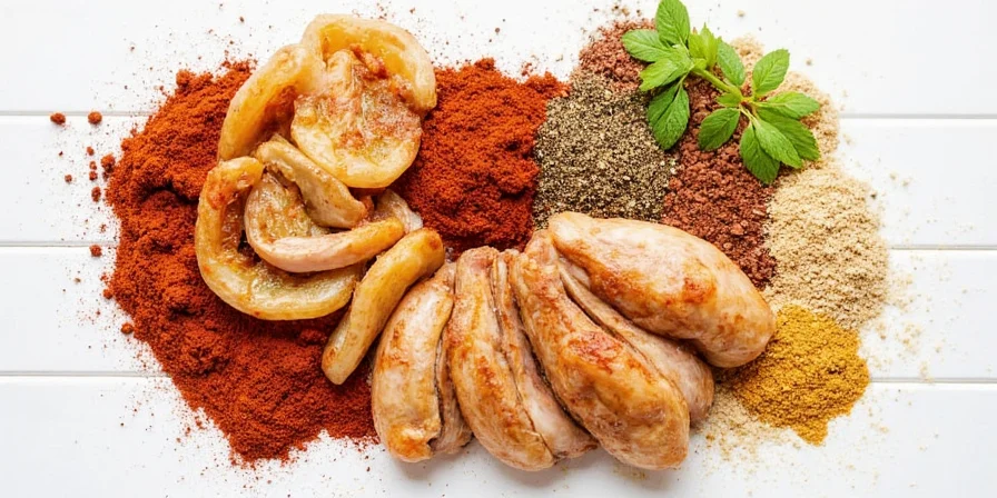 Various spices laid out next to a whole chicken