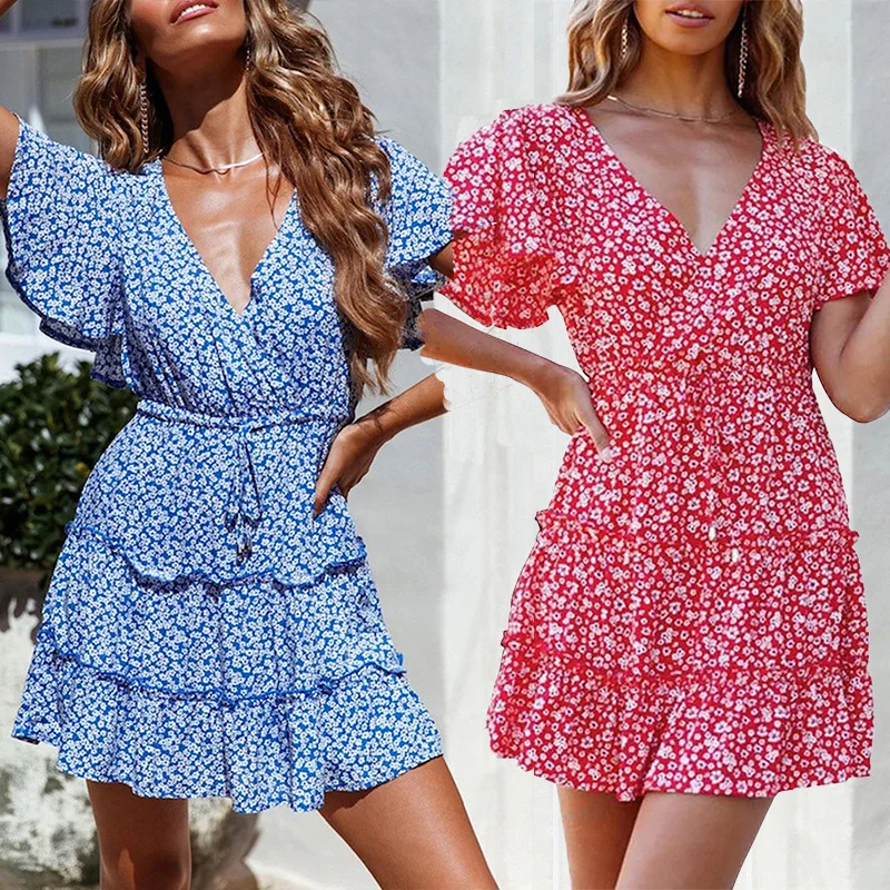 

2021 Summer Vestido Floral Dress Short Sleeve Layered Ruffled Mini Women Casual Sun Dresses, Customized