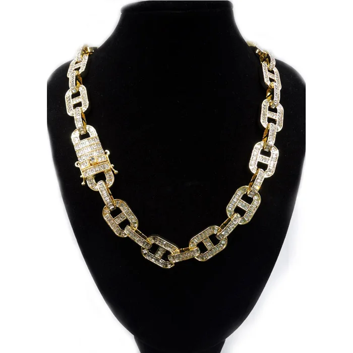

hot sale mens hiphop 16mm heavy gold Baguette Chain Necklace