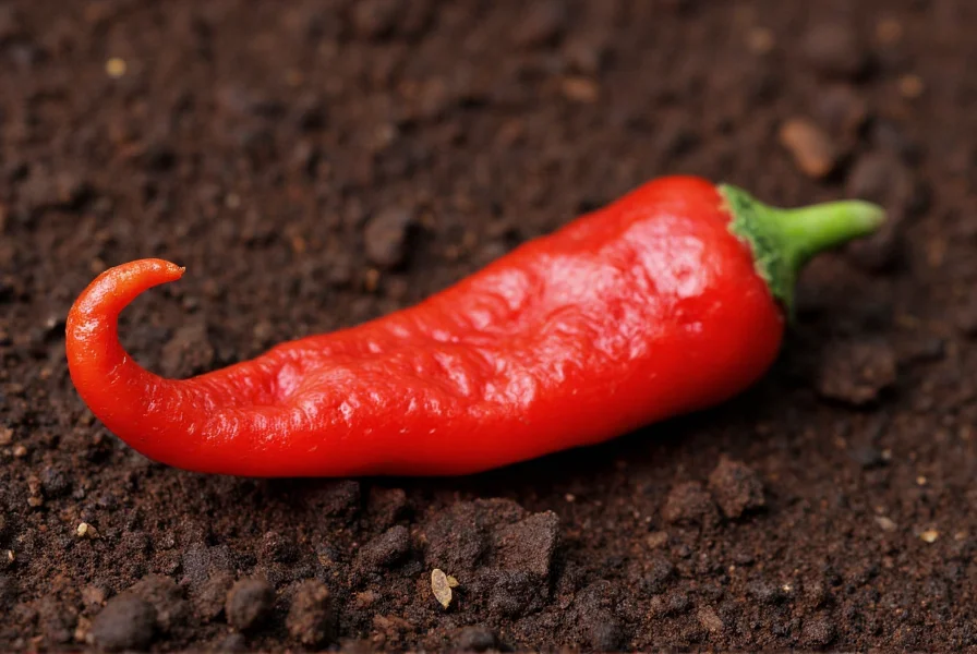 Close-up photograph of Trinidad Moruga Scorpion pepper showing characteristic stinger-like tail and rough skin texture on dark soil background