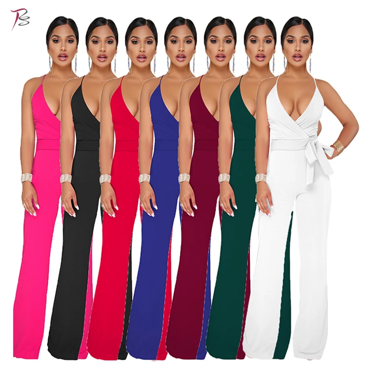 

wholesale solid color suspender V-neck women plus size jumpsuit, Customized color