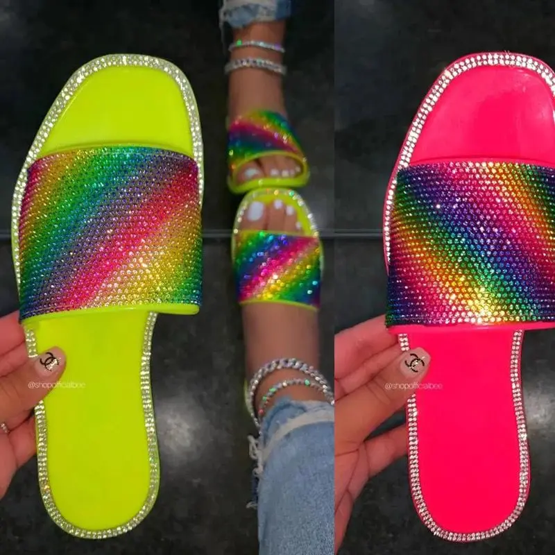 

Wholesale cheap new flip flops ladies summer slippers rainbow rhinestone women flat jelly slippers, Black,white,pink,yellow