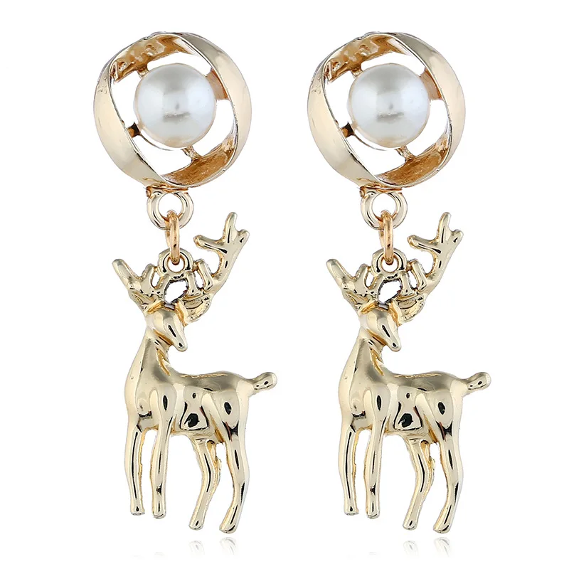 

Christmas New Design Luxury Jewelry 18K Gold Elk Drop Earrings Delicate Pearl Antlers Deer Pendant Earrings, Picture