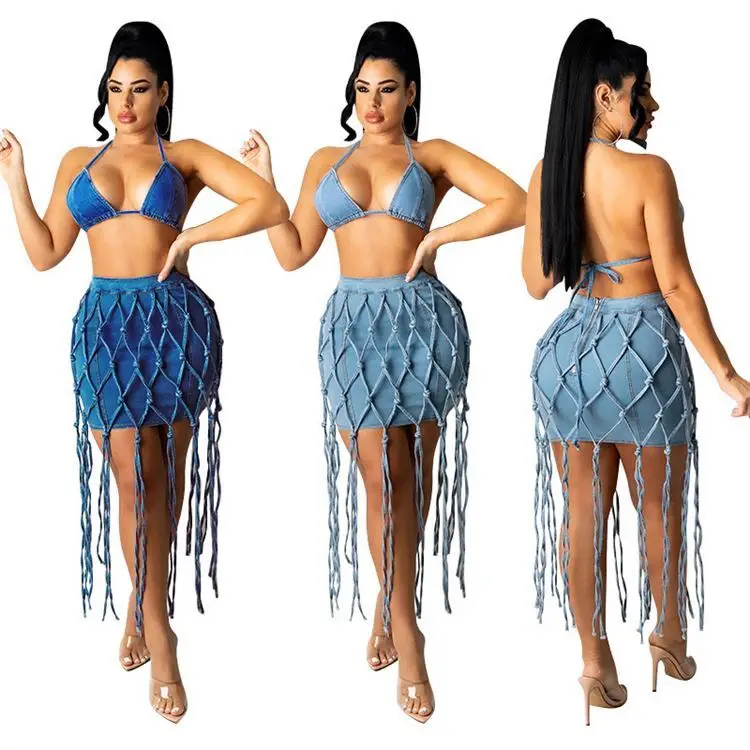 

MISS New Style 2021 Summer Women Clothing Manual weaving rope Denim Skirt Set Tassel Skirt Sets Women 2 Piece Outfits