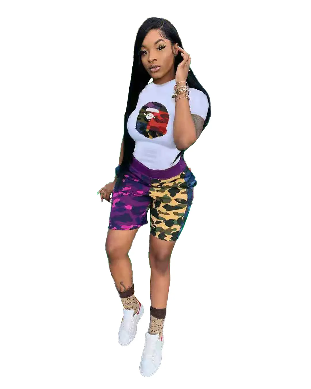 

MN8345 Good quality print short sleeve outfits women two piece pockets summer sets for women clothing patchwork summer outfits