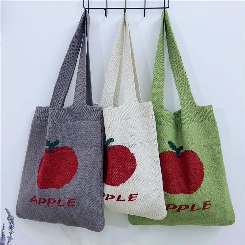 

Factory custom pattern jacquard knitted handbag girl women cute apple printed shopping school bags