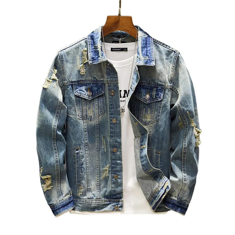 

Wholesale factory classic basic high quality jean jackets coat casual ripped distressed hole vintage plain big men denim jackets