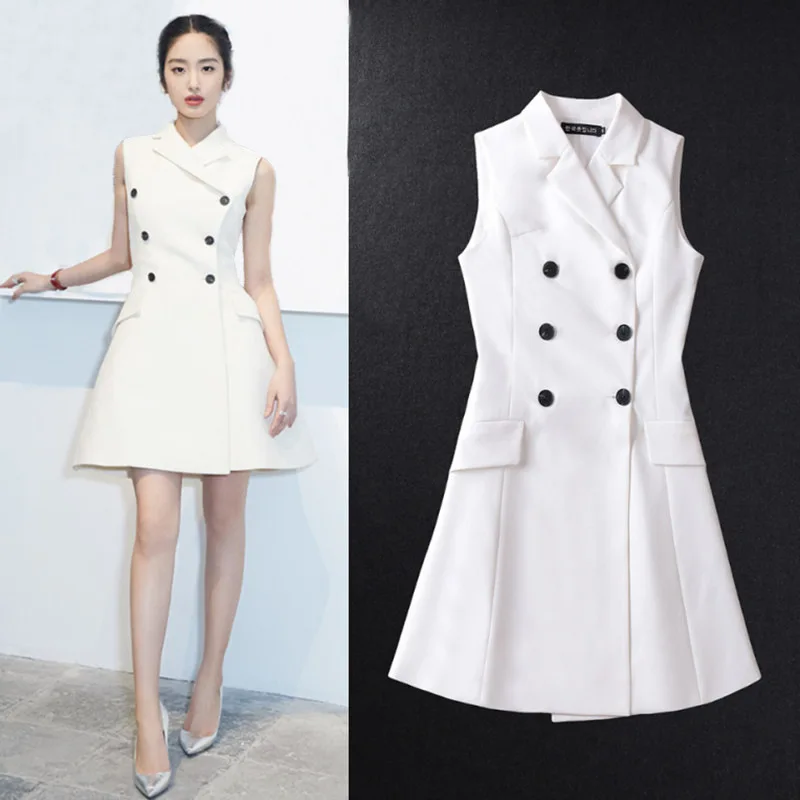 

2020 New Arrivals women sleeveless ladies turn down collar double breasted blazer dress