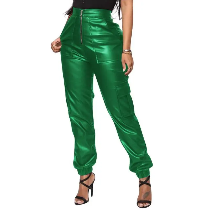 

Spring 2022 new arrivals Mid Waist Zippers vegan leather pants fashion casual vegan leather pants for women