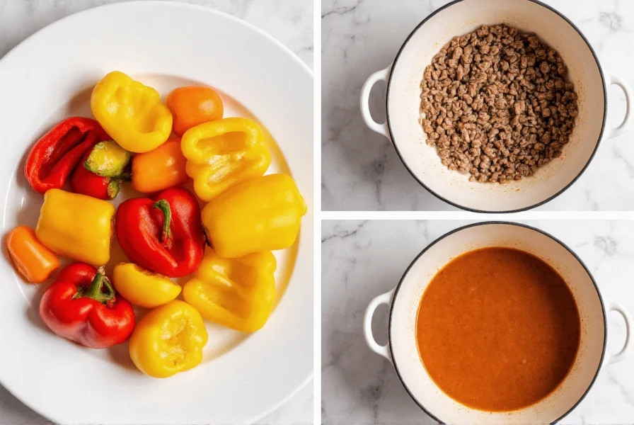 Step-by-step diced bell peppers in soup preparation showing uniform cubes