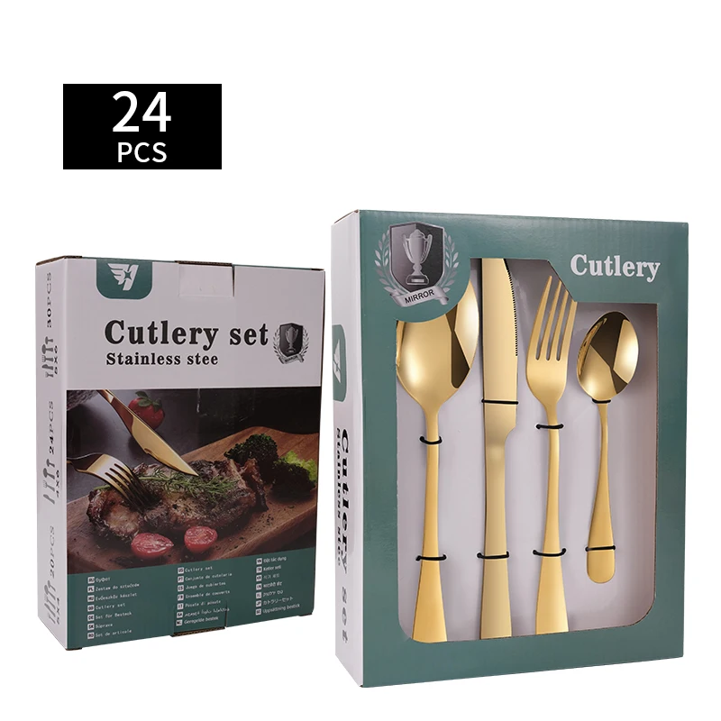 

Top Seller Durable Low MOQ 24 Pieces Kitchen Gold Plated Tableware Cutlery Flatware Set With Zipper Bag