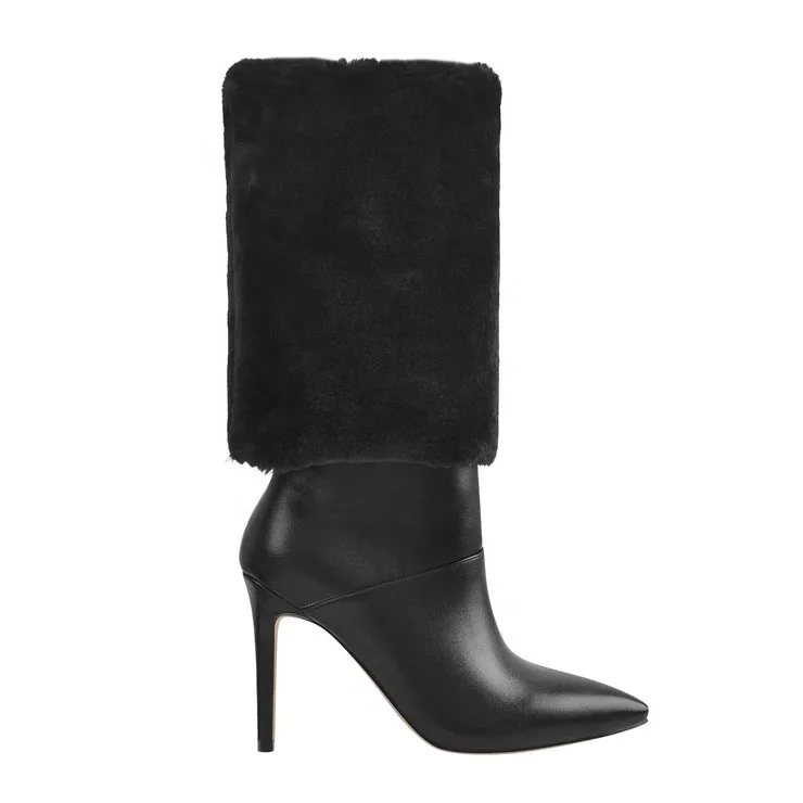 

Winter Fall Flurry Faux Fur Pointy Spike Heel Mid Calf Women Short Boots, Black/white