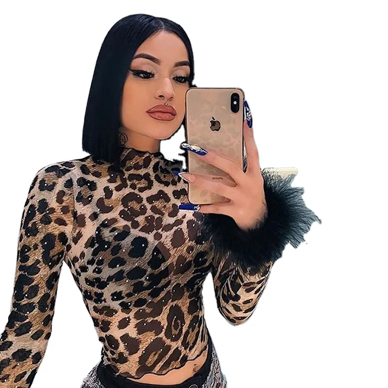

2021 new spring clothing print blouse casual leopard tops women crop tops