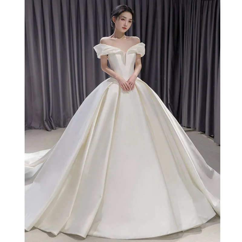 

Luxury simple off shoulder dresses white wedding dress satin bridal gowns