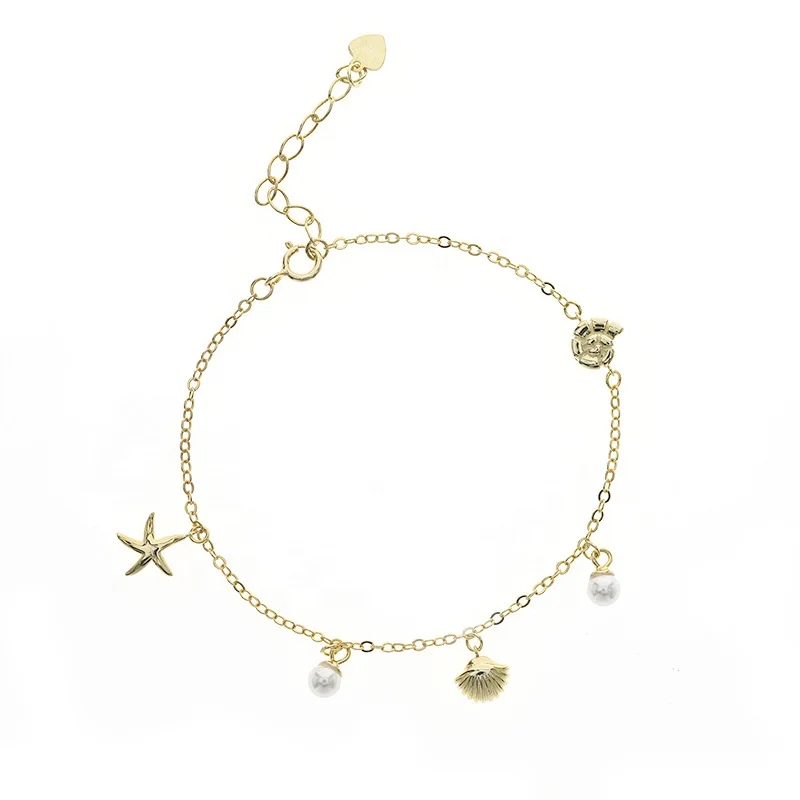 

Marine Element Bracelet Jewelry Star Shell Pearl 925 Sterling Silver Shell Pearl Bracelet, White, gold