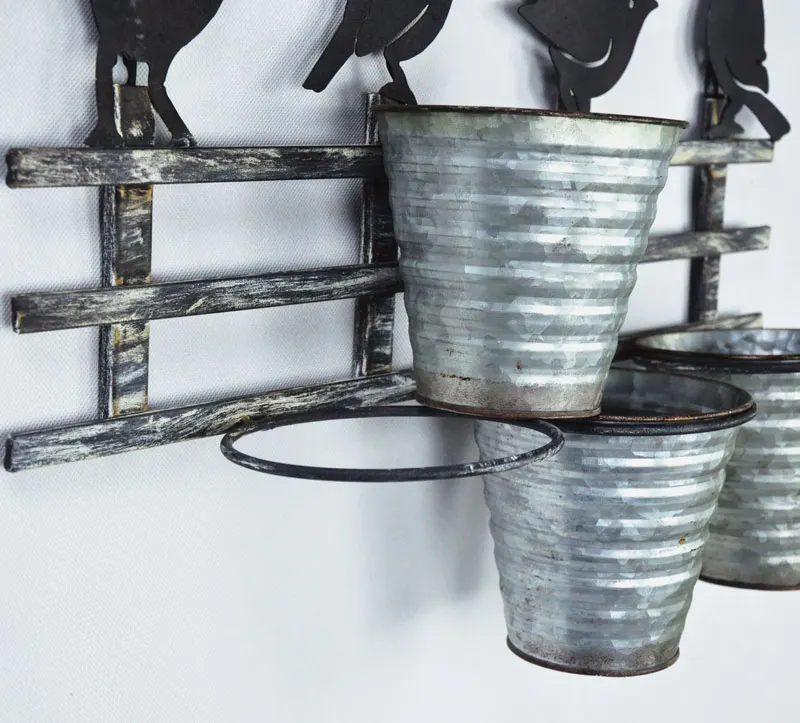 Galvanized Decorative Black Flower Pots With 4 Birds Metal Wall Pockets