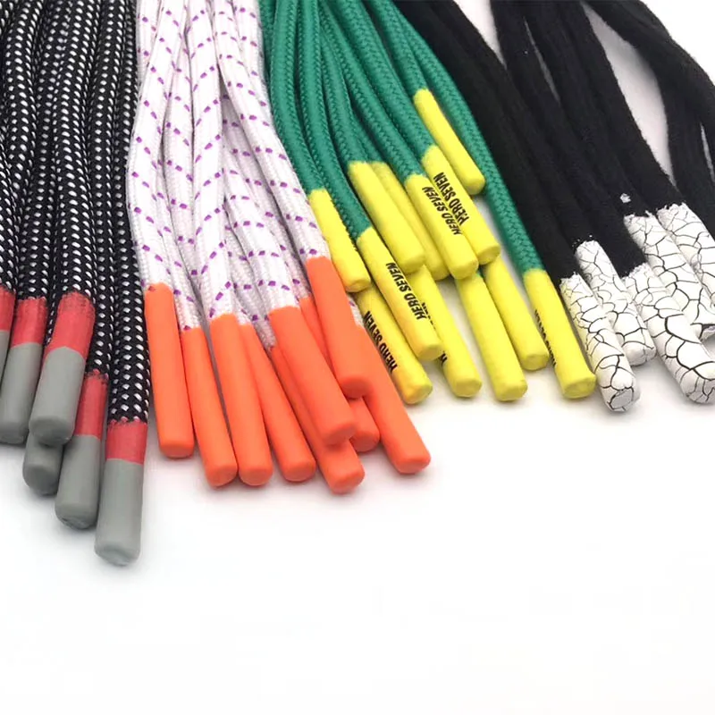 

Wholesale polyester drawcords and shoelaces custom logo silicone dipping tips hoodie drawstring pants rope, Custom color