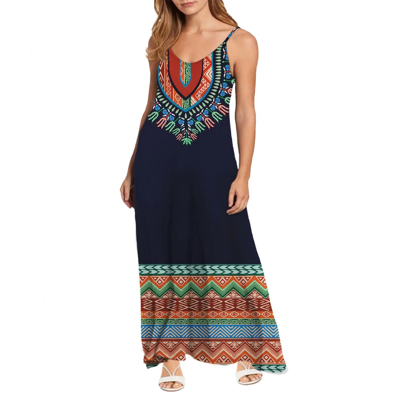 

Summer Spaghetti Strap African Print Traditional Tribal O Neck Casual Loose Maxi Long Dress Evening Party Beach Boho Dresses