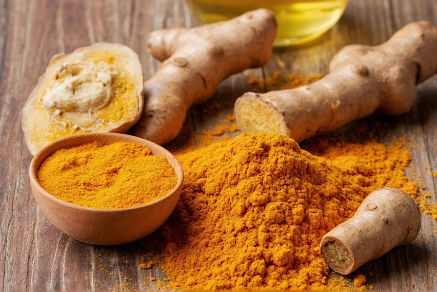 Turmeric and ginger roots with tea preparation ingredients on wooden table