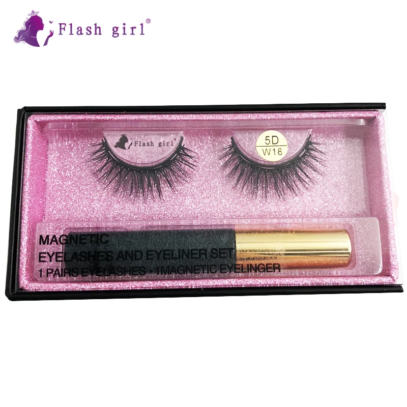 

Natural strip lashes private label W-18 1 pair 5D mink magnetic eyelashes with package liquid eyeliner and tweezer set