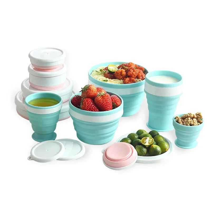 

Travel Camping Large Baby Collapsible Food Salad Water Silicone Bowl Cup with Lid, Pink/blue/grey