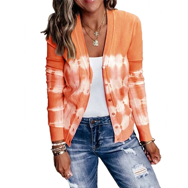 

Europe Ladies Casual Top Woman Tie Dye Knitted V Neck Knitwear Girl Cardigan Sweater, Customized color
