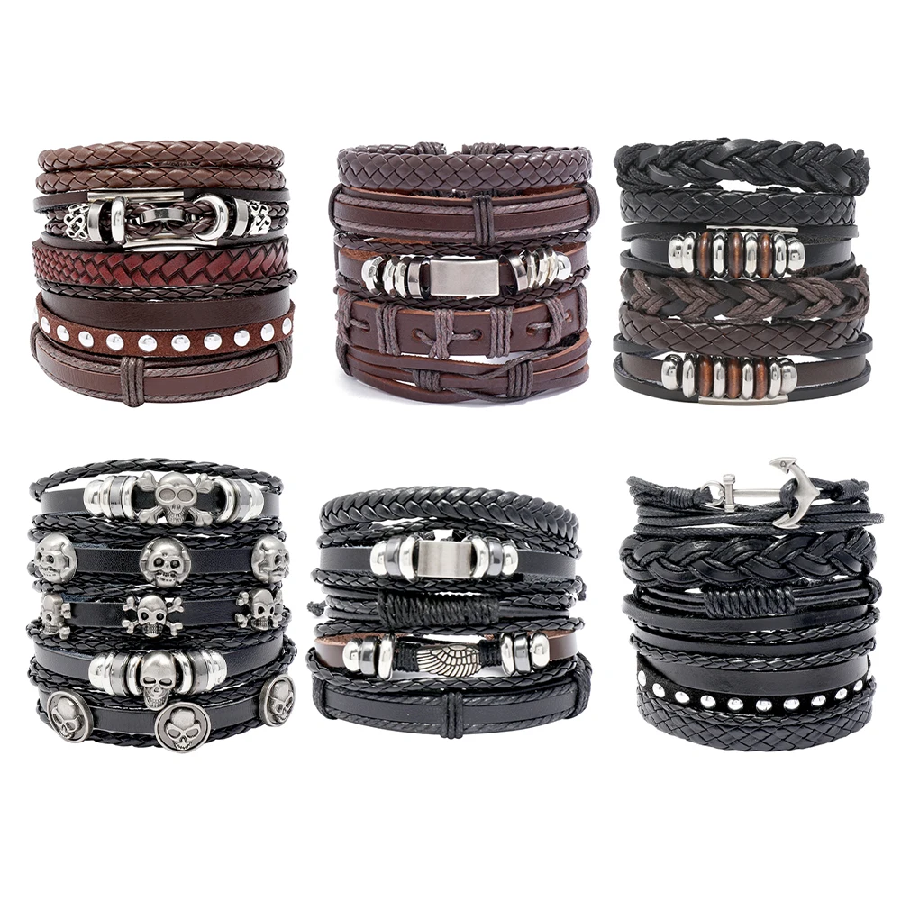 

Fashion Handmade Vintage Multilayer Mens Homme Skull Bangle Jewelry Pulseras Black Leather Bracelets, 7 types