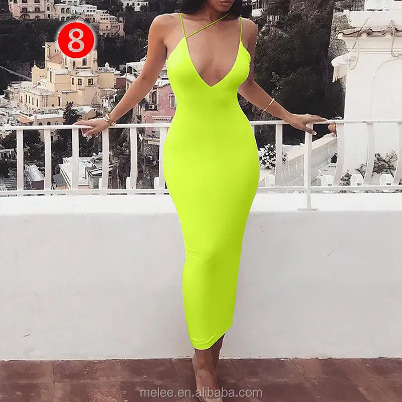 

summer women sexy strap v-neck dress solid Neon color sleeveless skinny long dress female fashion vacation clothes