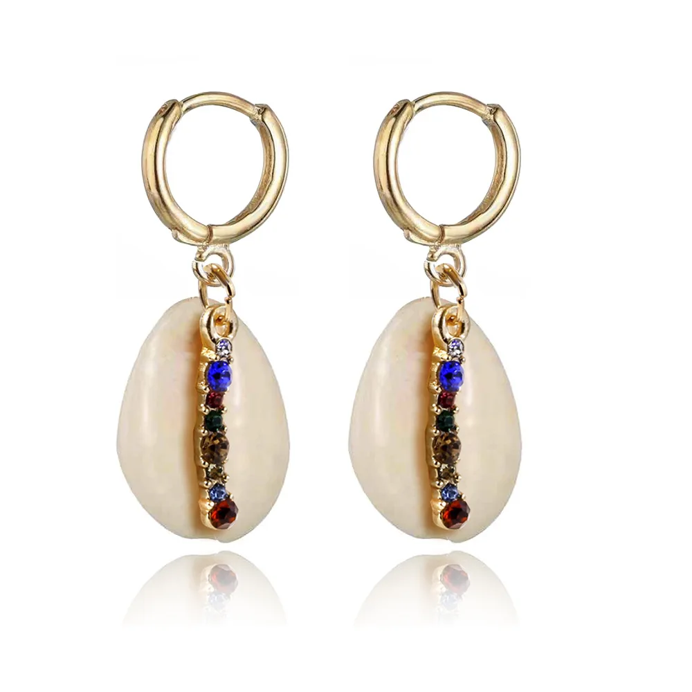 

Multicolor Diamond Single Sea Shell hoop Earrings Set Natural Cowrie Shell Clip On Earrings