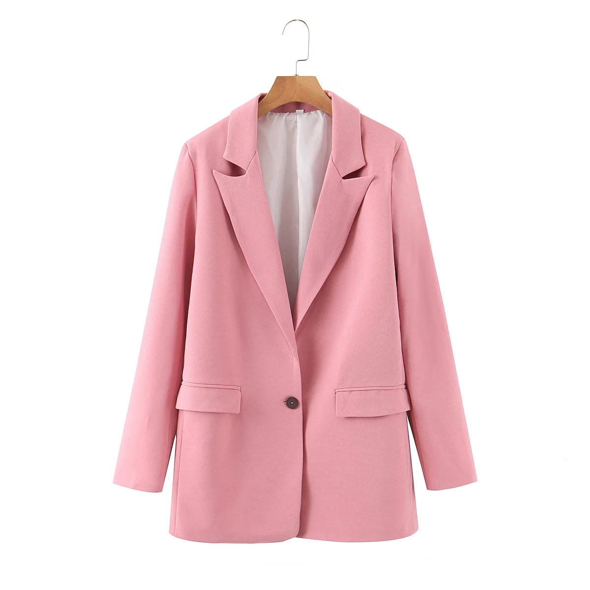 

Notched collar long sleeve single button pink color women blazers ladies casual jacket coat