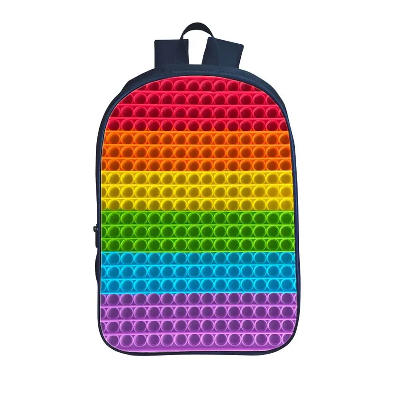 

2021 Fidget POP It Backpack Funny Family Games Bag 3D Printed Anime Cute Rainbow Pop Fidget 16 Inch Bookbag Back To School