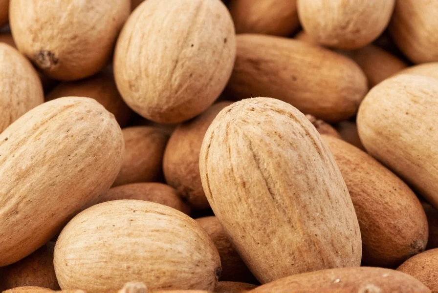 Close-up view of whole nutmeg seeds next to mace arils showing their relationship within the Myristica fragrans fruit