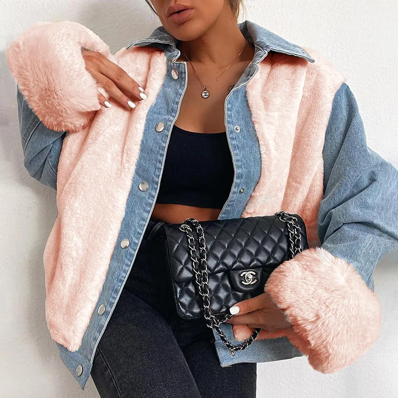 

Loose Soft Teddy Bear Fur Coat Fur Jacket Sherpa Patchwork Denim Jackets Streetwear Outwear Winter Women Jean Jacket Coat, Pink, blue-white, blue-black, all black