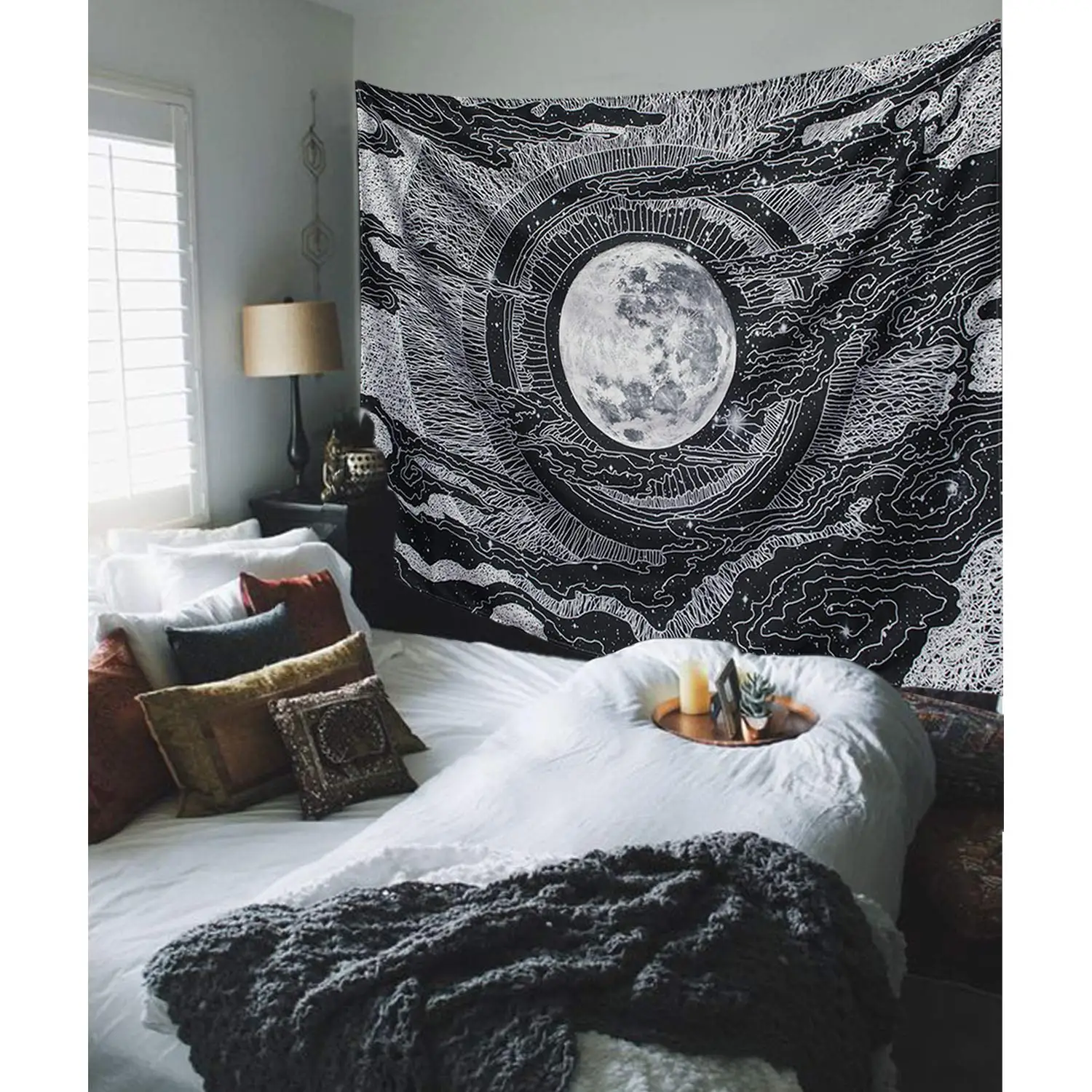 Dremisland Moon and Star Wall Tapestry Mandala Wall Hanging Tarot Tapestries Black & White Wall Blanket Wall Art for Living Room Bedroom Decor 58 X 79 Moon, L / 148 X 200 cm