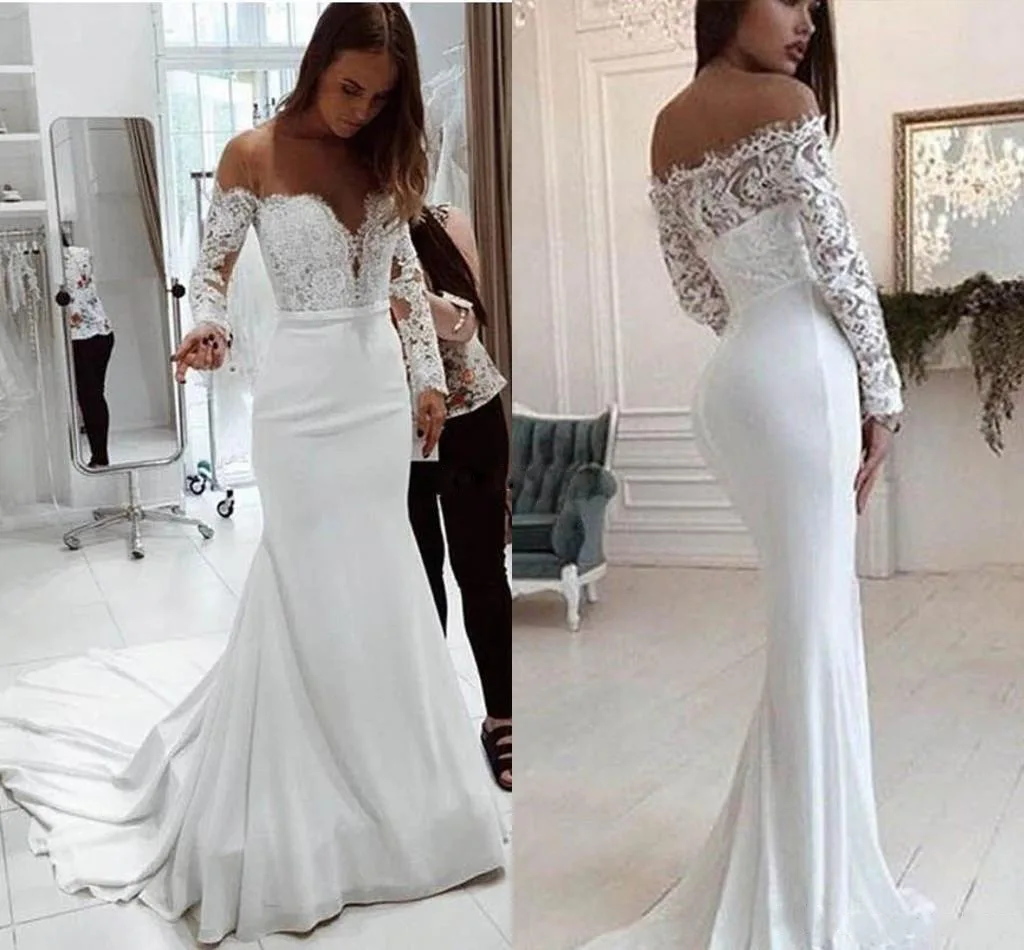 

2021 Autumn And Winter New Women'S One-Shoulder Lace Long-Sleeved Dress Mopping Wedding Dress, Picture shows