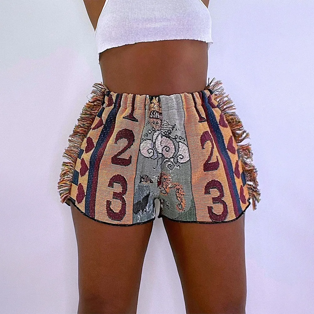 

New 2021 women clothing sexy digital printing colorful pattern summer shorts women's shorts with tassel