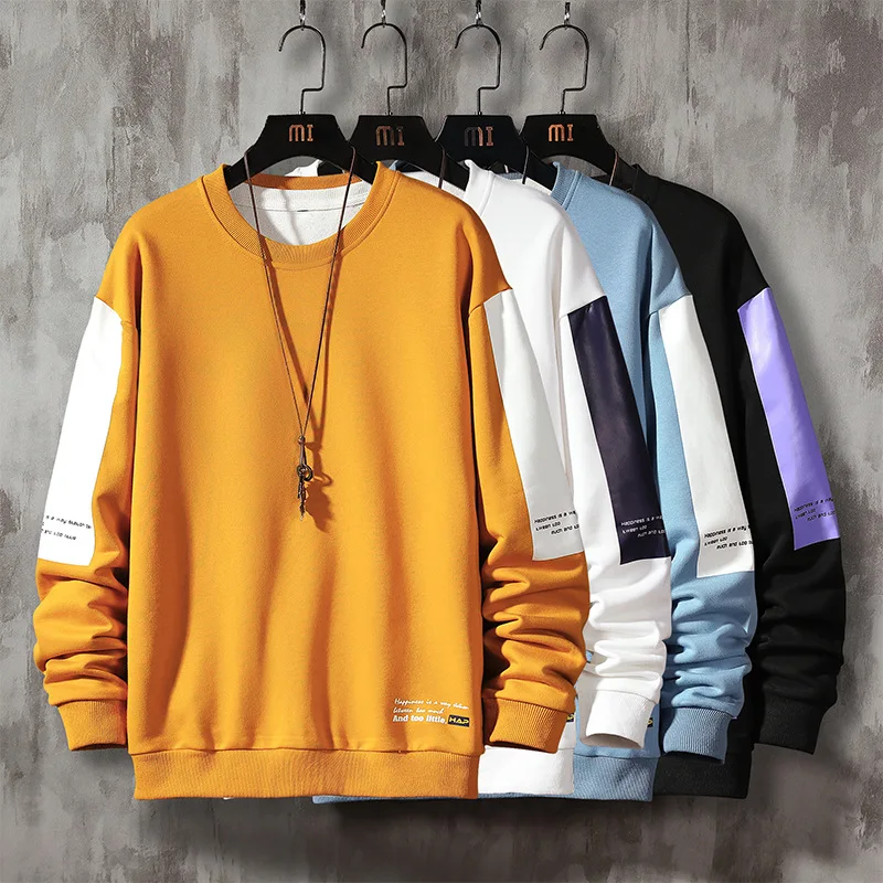 

2021 wholesale plus size 4XL men's fashion solid color patchwork round neck cotton pullover sweatshirt, Yellow