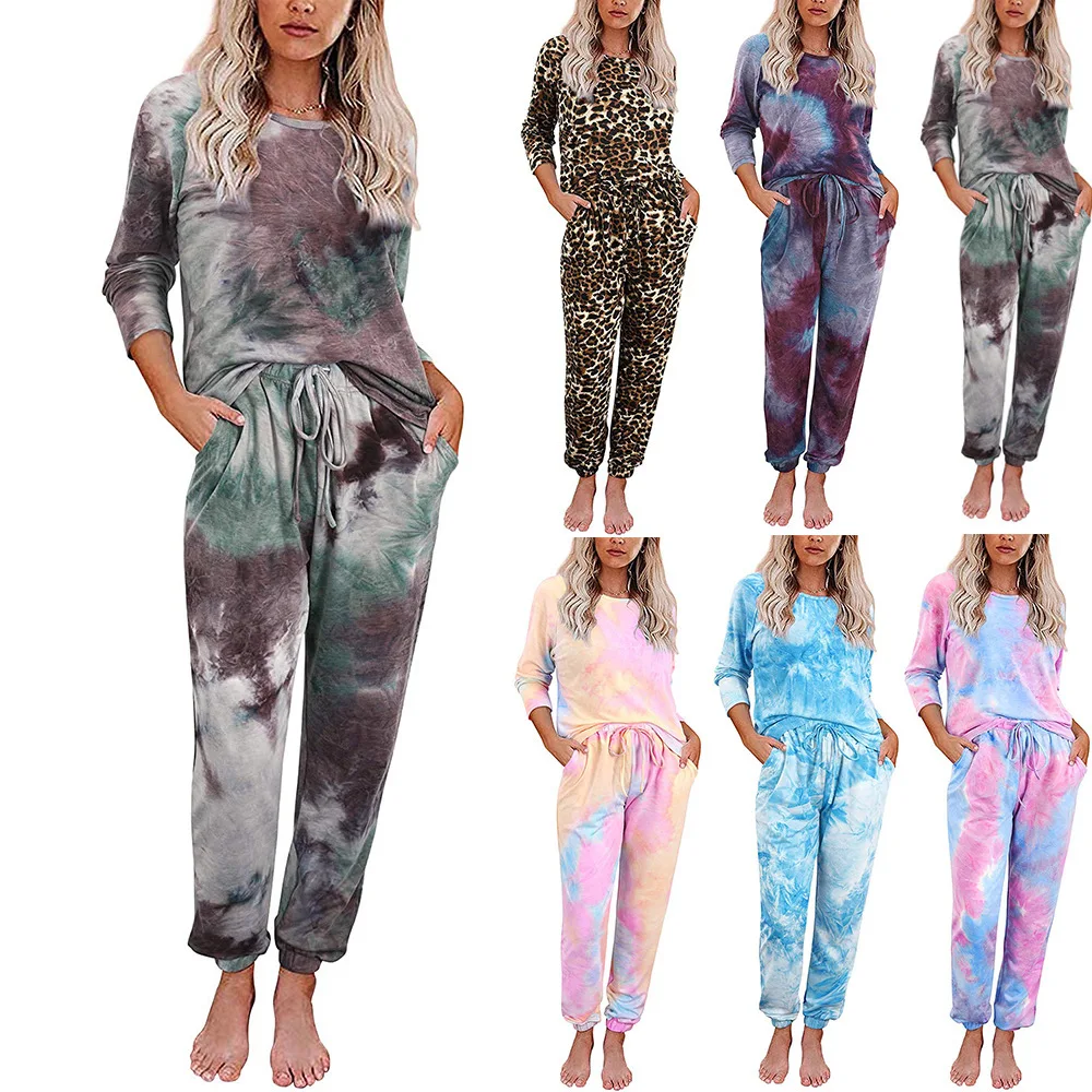 

WW-0157 Qiu Dong Tie Dye Printing Long-sleeved Pants Fission Pajamas Long Sleeve Sleepwear Winter Two Piece Set Women, Customized color
