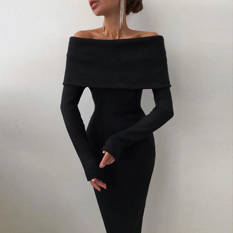 

Factory Sale Women Solid Color Dress Off Shoulder Long Sleeve Lapel Slim High Elastic Female Mid Length Elegant Dress