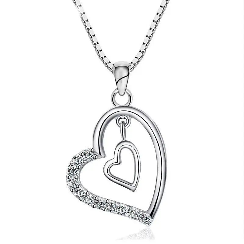 

925 sterling silver double heart necklace crystals double heart pendant necklace