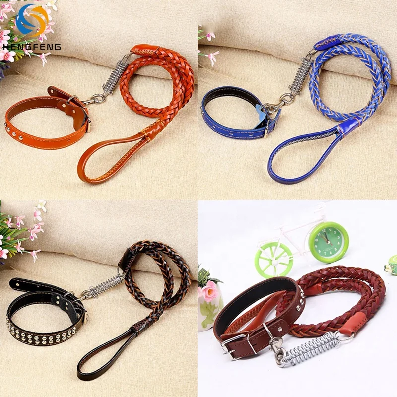 

Luxury Thick Leather Studded Collar Leashes Straps Pet Dog Leash With Spiral Spring Set, Red brown ,yellow, blue,black