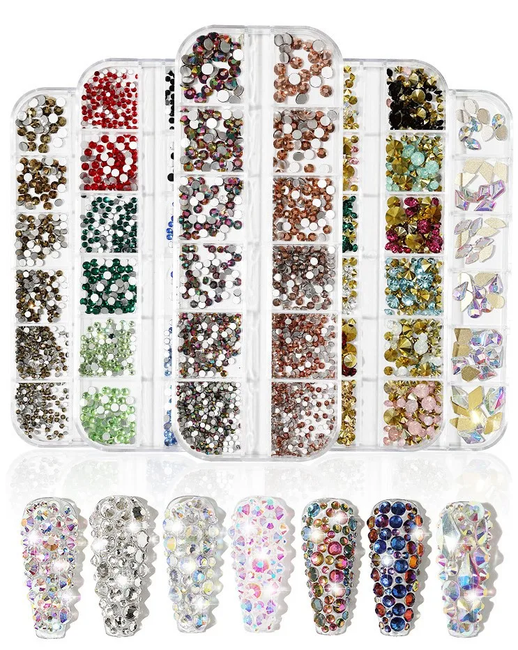 

Multi Shapes Glass Crystal AB Rhinestones For Nail Art Mix 12 Style FlatBack Crystals 3D Decorations Flat Back Stones Jewel Set, As image show