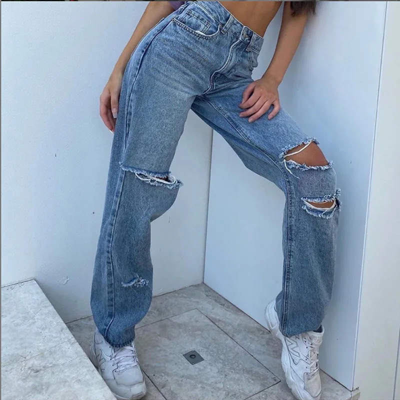 

New Fashion Women Demin Distressed Jeans Flare Ripped Blue Straight Leg High Rise Ripped Mom Jeans High Waist Women Jeans 2021