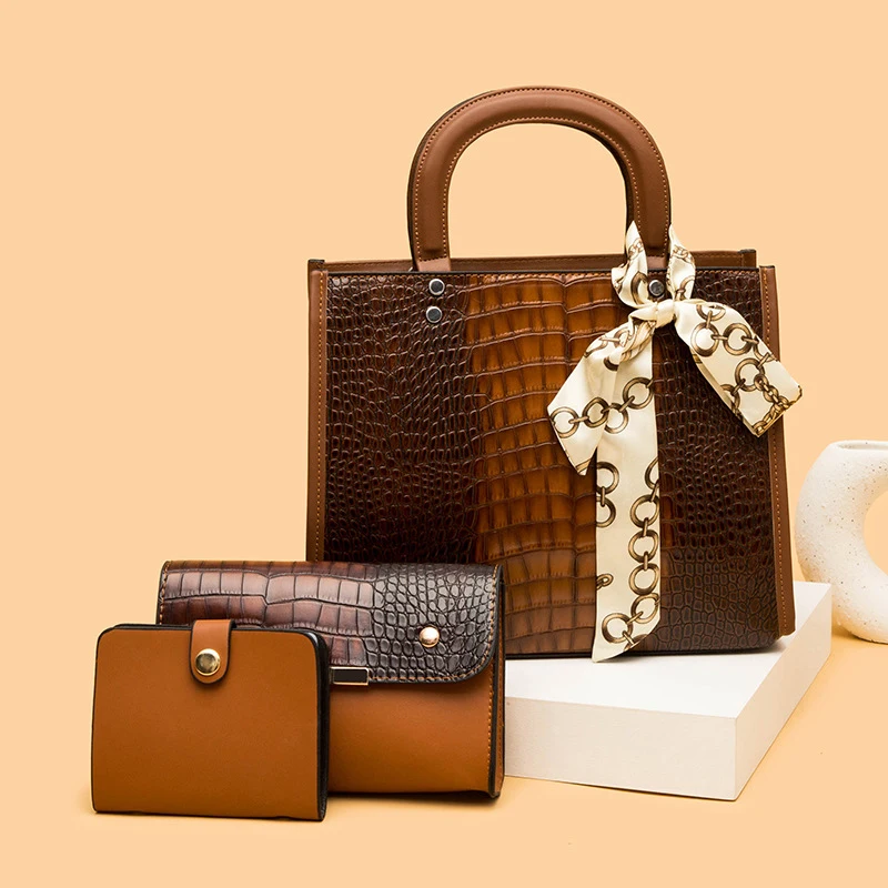 

Classic crocodile pattern leather bag set luxury shoulder tote ladies hand bags purses and handbags women, 4colors