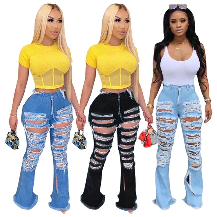 

Streetwear Sexy Broken Hole Wide Leg Horn Bell Bottom Denim Ripped Women's Jeans, Black / blue / light blue