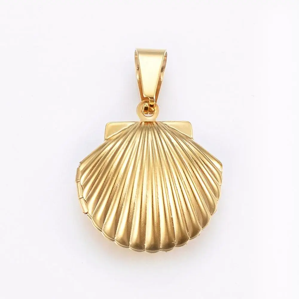 

Pandahall Fan Shell Golden Photo Locket 304 Stainless Steel Pendants, Gold