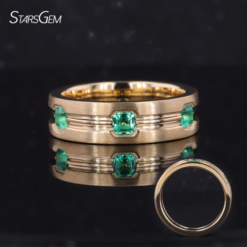 

Starsgem Custom Jewelry Asshcer Cut Lab Grown Emerald Gemstone 10K Yellow Gold Vintage Engagement Rings Men Rings