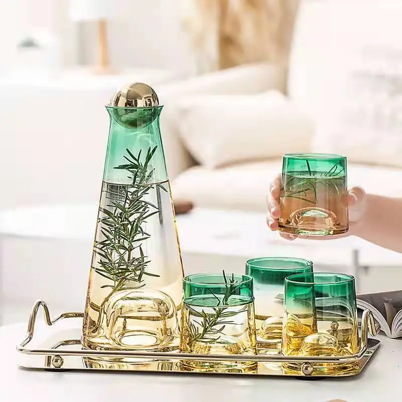 

2021 NEW factory price Amber Green Gradient Glass Water Pitcher with Stopper and 4 Cups Set Drinking, Customized color