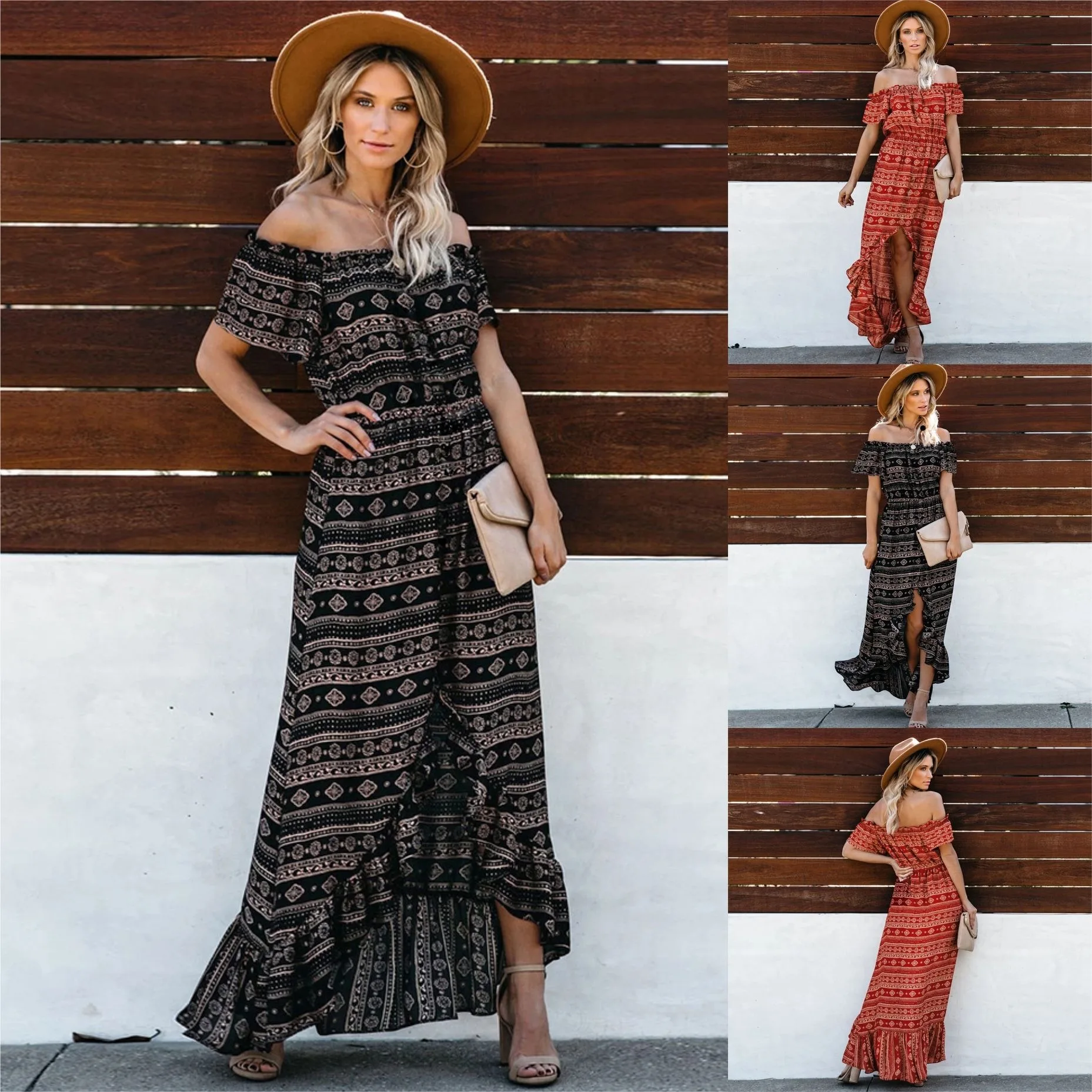 

Casual Bohemian Strand Jurk Vintage Ruches Gedrukt Lange Maxi Jurk Zomer Vrouwen Boho Vakantie Jurken Off The Shoulder Dresses