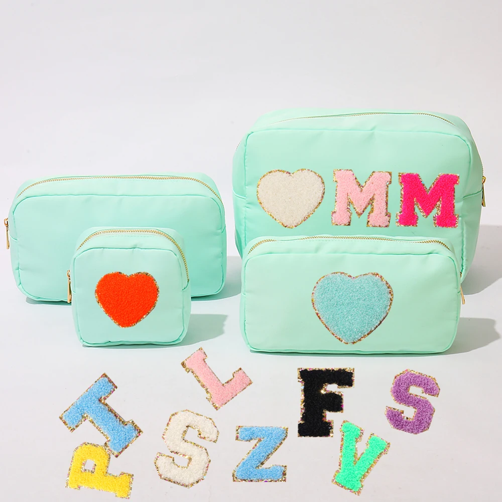 

Stock Mint S M L XL 4 Pieces DIY Embroidery Patch Personalize Toiletry Pouch Waterproof Women Storage Nylon Travel Makeup Bag